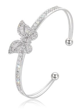 Platinum Plated Butterfly Cuff Bracelet | Adjustable Sparkly Silver Bangle